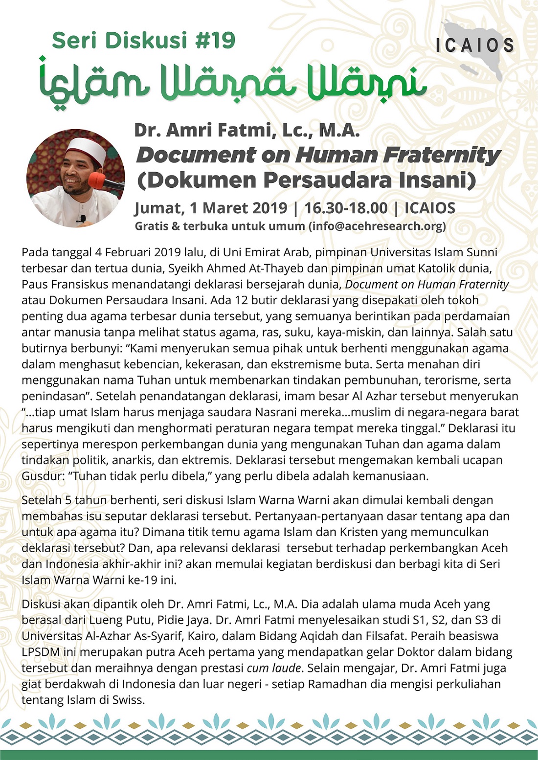 Seri Diskusi Islam Warna Warni #19: Document on Human Fraternity